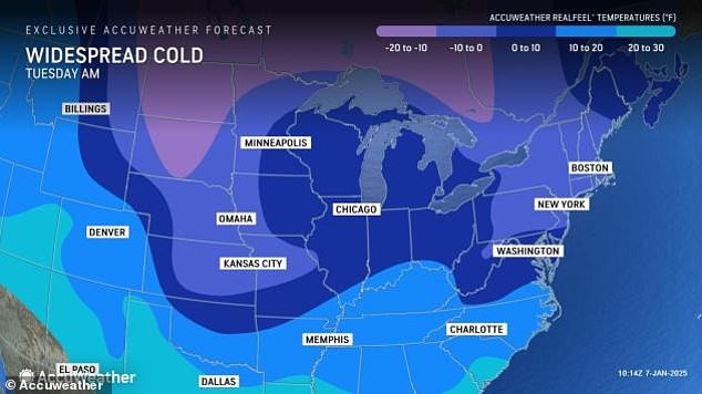 The eastern half of the US has also been told to brace for bitterly cold temperatures set to persist through next week as waves of Arctic air rise as far south as the Gulf Coast.