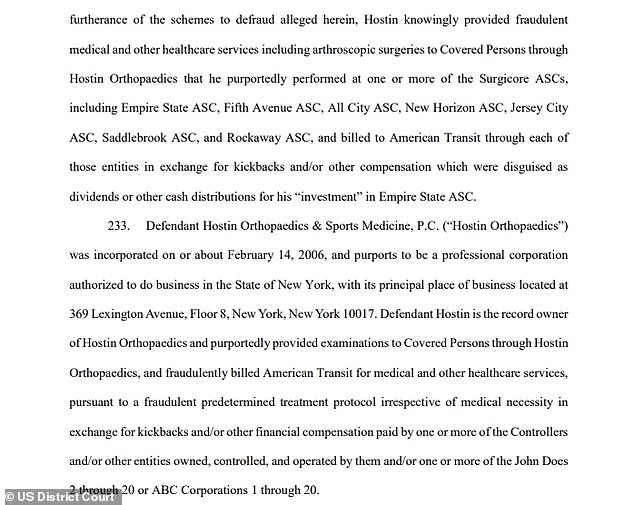 After filing the medical claim with American Transit, the lawsuit alleged “Dr. Hostin would receive a bribe for him "investment" in 'Empire State ASC'