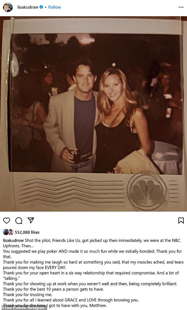 A few weeks later, Kudrow posted a Polaroid of those attending the 1994 NBC Upfronts and thanked him for trusting her, teaching her about grace and love and making her laugh to tears 