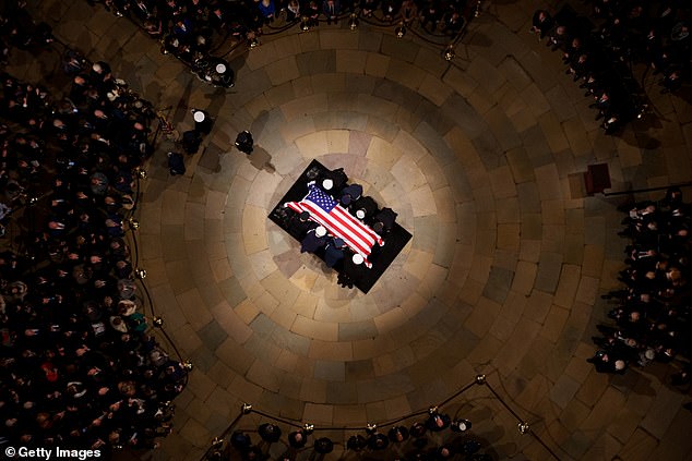 An overhead view of former President Carter's casket as it is carried into the Capitol Rotunda on January 7