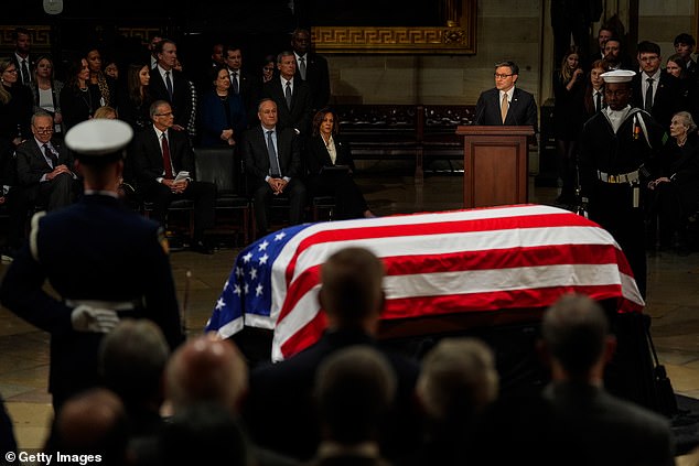 Speaker of the House of Representatives Mike Johnson speaks during a ceremony for former President Jimmy Carter in the Capitol Rotunda on January 7. He joined others in praising Carter for his post-presidency work