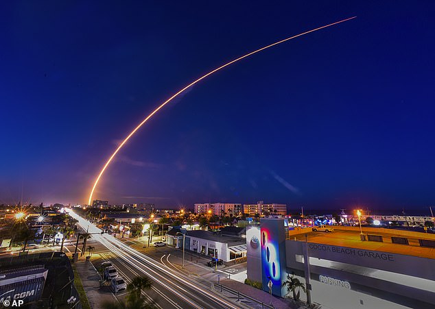 A SpaceX Falcon 9 rocket carrying Starlink satellites launches from Launch Complex 40 at Cape Canaveral Space Force Station