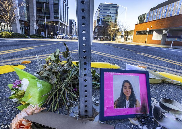 A photo of Jaahnavi Kandula is shown with flowers on January 29, 2023 in Seattle