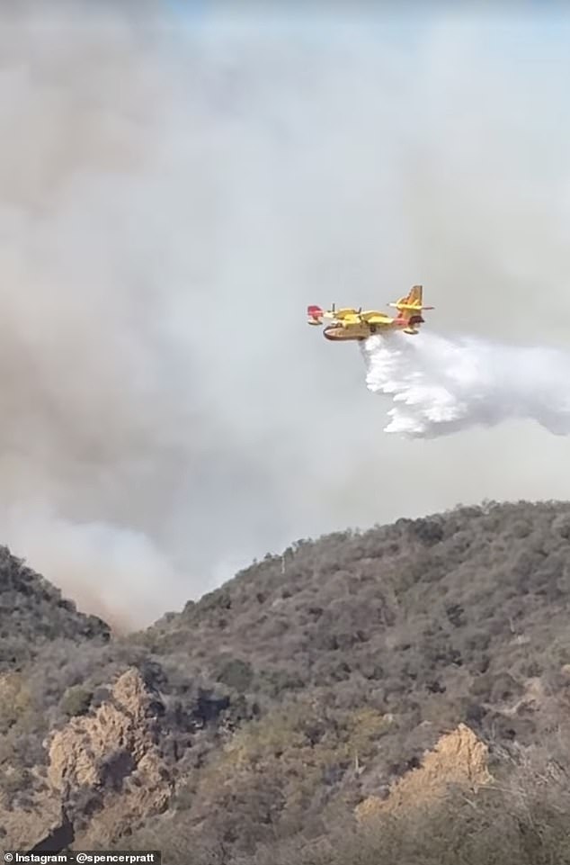 Numerous celebrities, including Tom Hanks, Chris Pratt and Reese Witherspoon, live in the evacuation zone. The Hills star Spencer Pratt filmed a plane dropping water on a nearby hill before the fire later destroyed the home he shares with Heidi Montag and their two boys