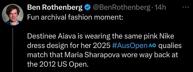 It came after Ben Rothenberg published several images online showing Aiava had worn a similar style dress to Maria Sharapova at the 2012 US Open.