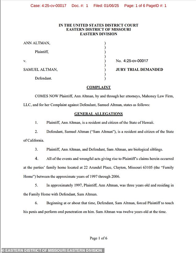 The disturbing lawsuit, which names Ann Altman as a plaintiff, says Sam 'groomed and manipulated' [her] to believe that the aforementioned sexual acts were her idea, despite the fact that she was less than five years old when the sexual abuse began and [she] was almost a teenager