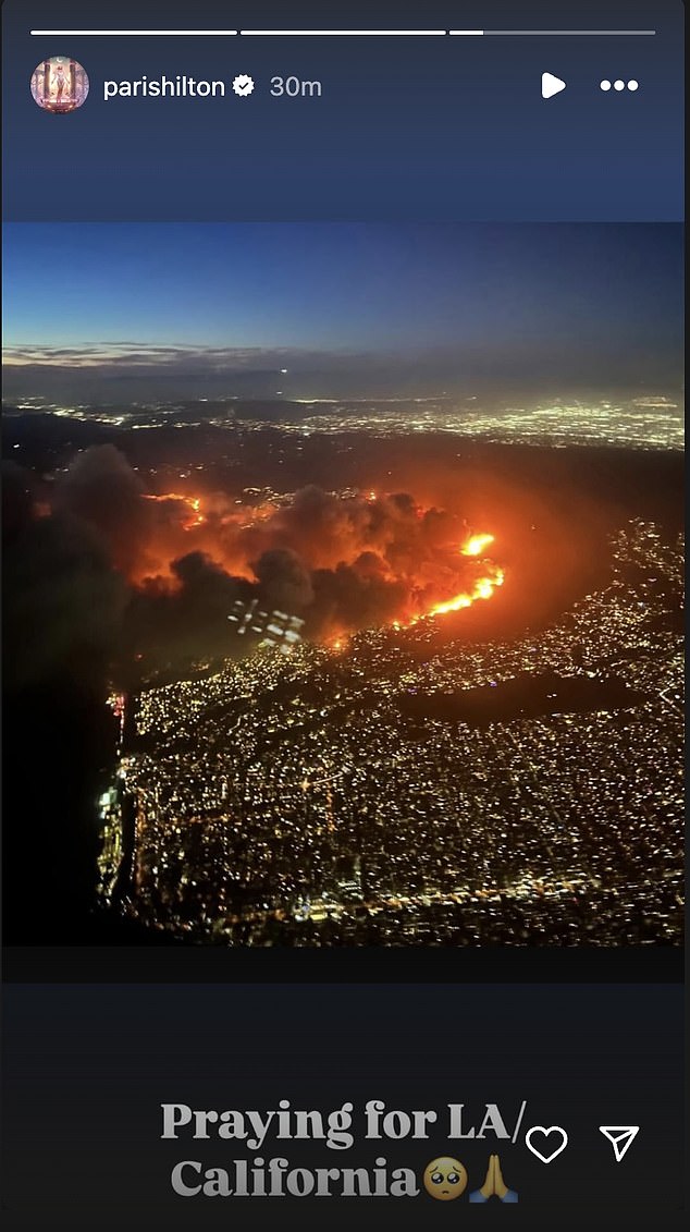 Paris Hilton shared aerial footage of the incredible LA fire on her Instagram Story, writing: 'praying for LA/California'