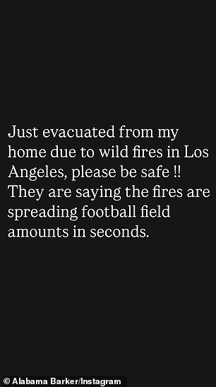 The 19-year-old Vogue rapper announced via Instastory: 'Just evacuated from my house due to wildfires in Los Angeles, please be safe! They say the fires spread the size of football fields in seconds