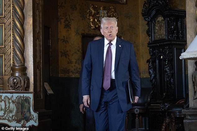 Newly elected US President Donald Trump arrives to speak with members of the media during a press conference at Mar-a-Lago Club on January 7, 2025 in Palm Beach, Florida. At the event, he said Greenland was needed by the US for 'national security purposes'