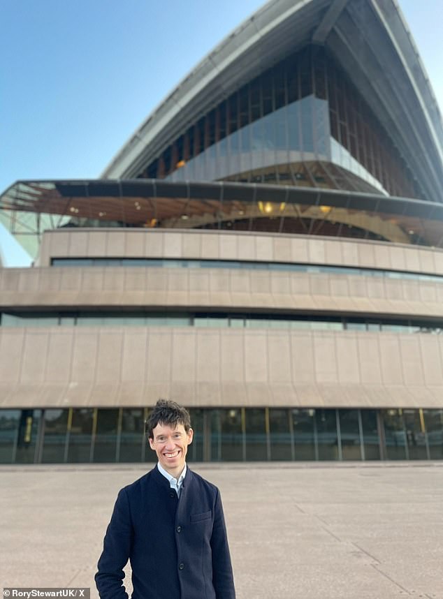 Pictured: Rory Stewart outside the Sydney Opera House during his recent tour of Australia