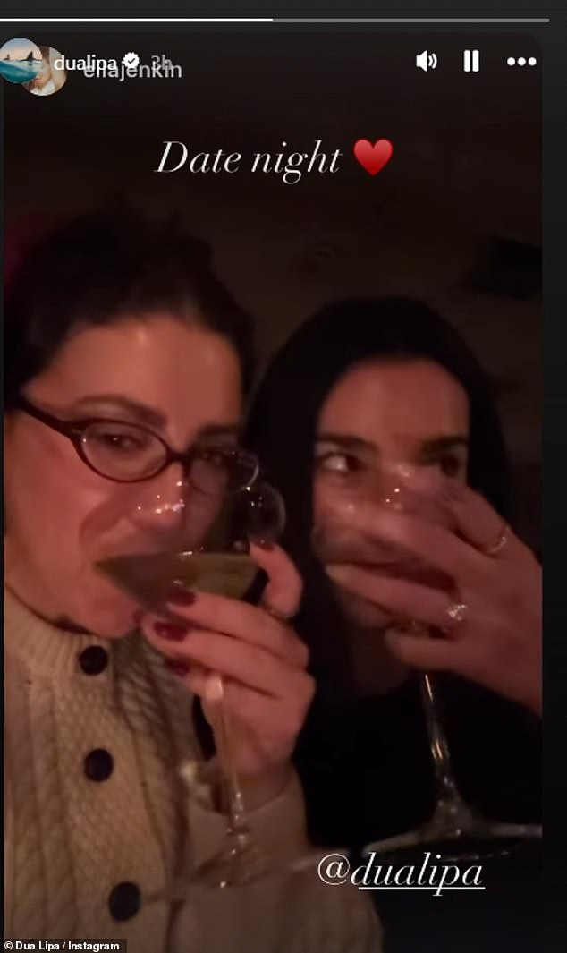 Dua was once again spotted wearing the 18-carat diamond ring, set on a gold band, as she shared an Instagram story of her friend Ella Jenkin, who captioned the post: 'Date night @dualipa