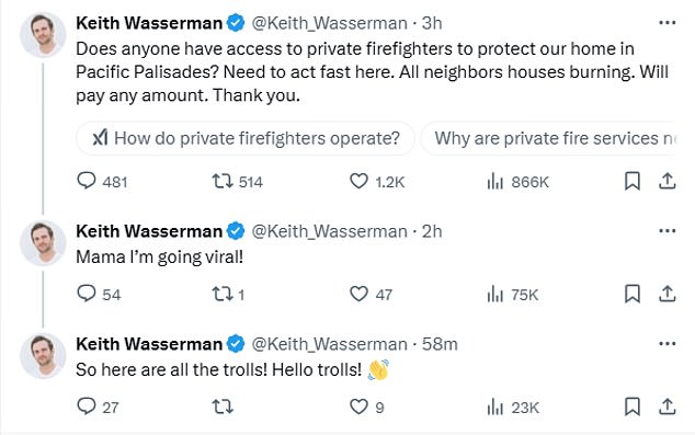 Mr. Wasserman posted on X after fleeing his own home during a devastating wildfire