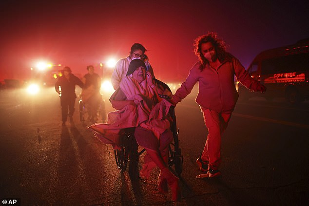 Since then, more forest fires have broken out. Pictured: Residents of a senior center are evacuated as the Eaton fire approaches