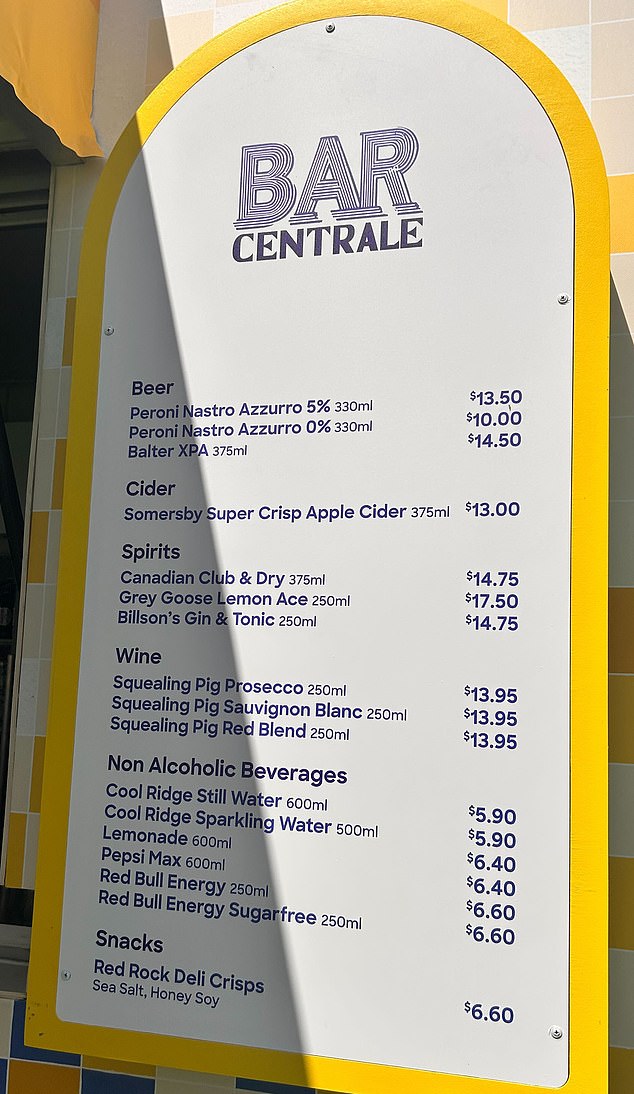 A 330ml Peroni costs $13.50, while prosecco, red wine and sauvignon blanc all cost $13.95.