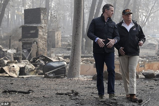 Footage of their 2018 exchange, seen here, has surfaced online amid calls for Newsom to resign as wildfires devastate parts of Southern California