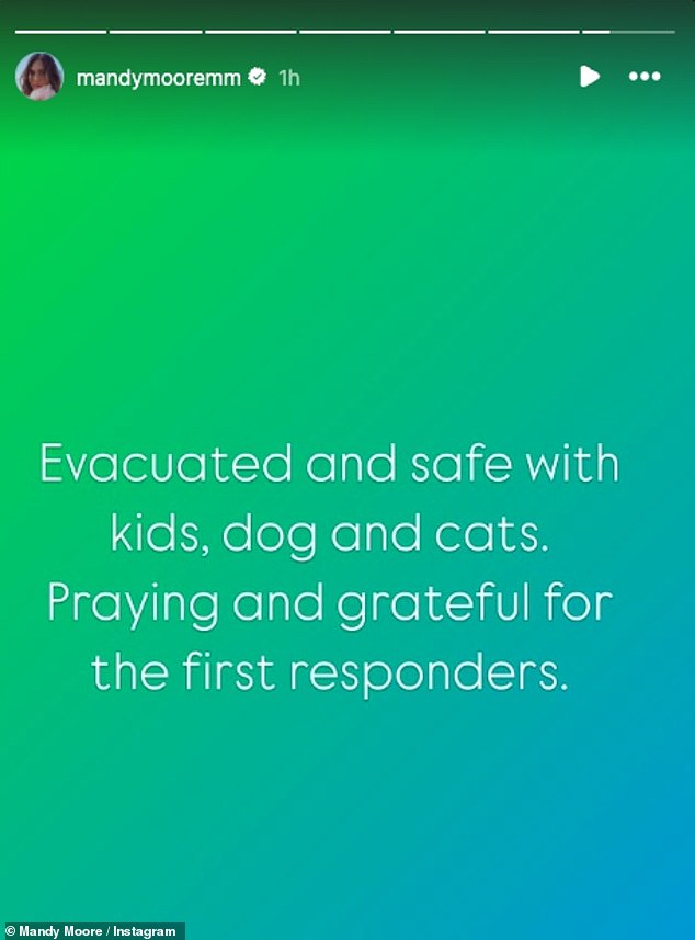 'Evacuated and safe with children, dog and cats. Praying and grateful for the first responders,” she wrote on her Instagram Stories on Tuesday