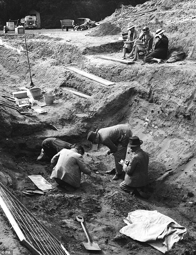 This photo from Trustees of the British Museum shows landowner Mrs Edith Pretty viewing the excavation of a burial ship from an Anglo-Saxon burial mound at Sutton Hoo in 1939