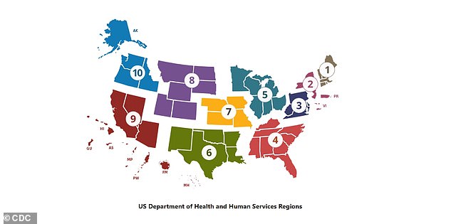 This map shows how the CDC breaks down different regions of the US based on the weekly breakdown of respiratory infections