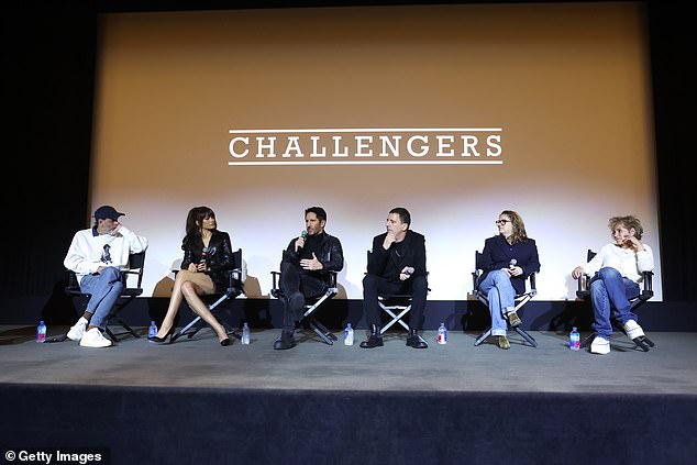 (L-R) Director Luca, Zendaya, composer Trent Reznor, composer Atticus Ross, producer Rachel O'Connor and producer Amy Pascal at the screening