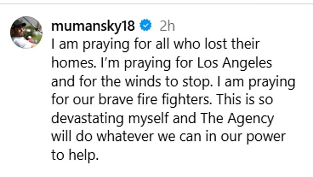 The real estate agent shared devastating images of the fire from his home, writing: 'Praying for everyone who has lost their home. “I pray for Los Angeles and that the wind will stop. I pray for our brave firefighters. To me, this is so devastating and the Agency will do everything in our power to help.”