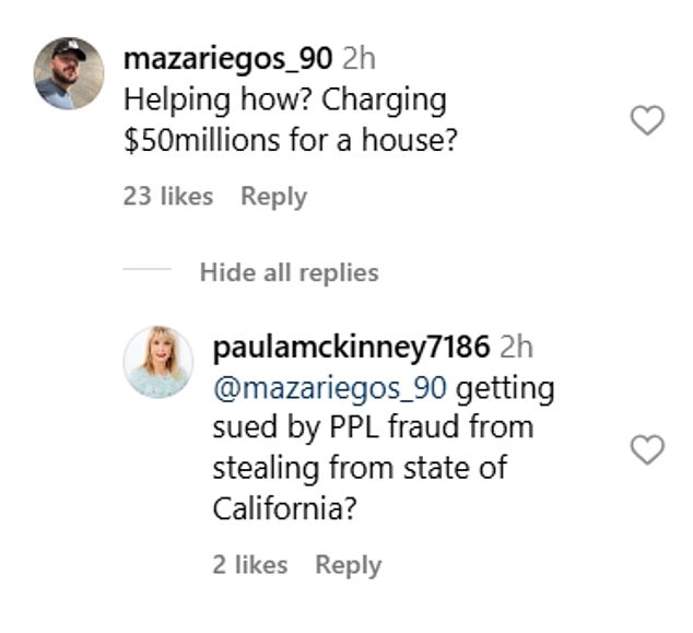 The star's post was quickly criticized by followers, writing: 'How to help? Asking $50 million for a house?' Another wrote: 'charged with PPP fraud by stealing from the state of California' – Umansky denied the latest allegations in a 2023 lawsuit