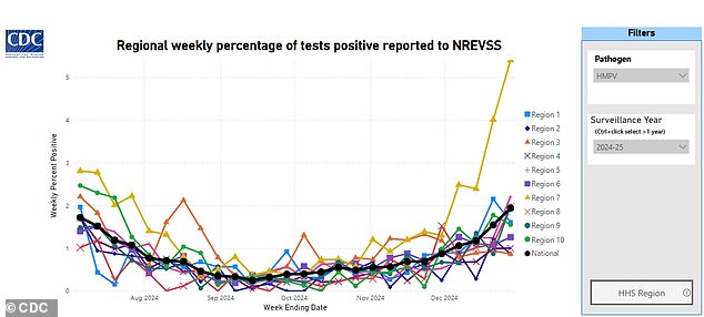 MIDWEST SURGE: Region 7, which includes Missouri, Kansas, Nebraska and Iowa, has sky-high HMPV rates compared to the rest of the country