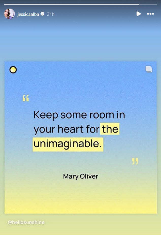 Her post comes just days after she raised eyebrows by sharing a quote from Mary Oliver to her Instagram Story, writing: 'Keep some room in your heart for the unimaginable'