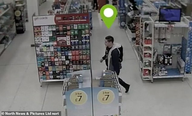 Dismore is seen here walking through Wilko, where he brought a pack of steak knives with him on the day of the attack