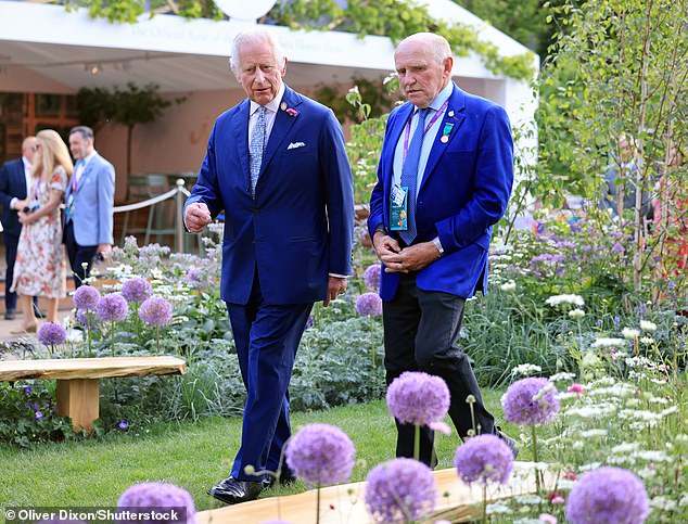 The garden will consist of sandstone cliffs, a saltwater pool, a pebble beach and wetland areas. Pictured: King Charles at the Chelsea Flower Show