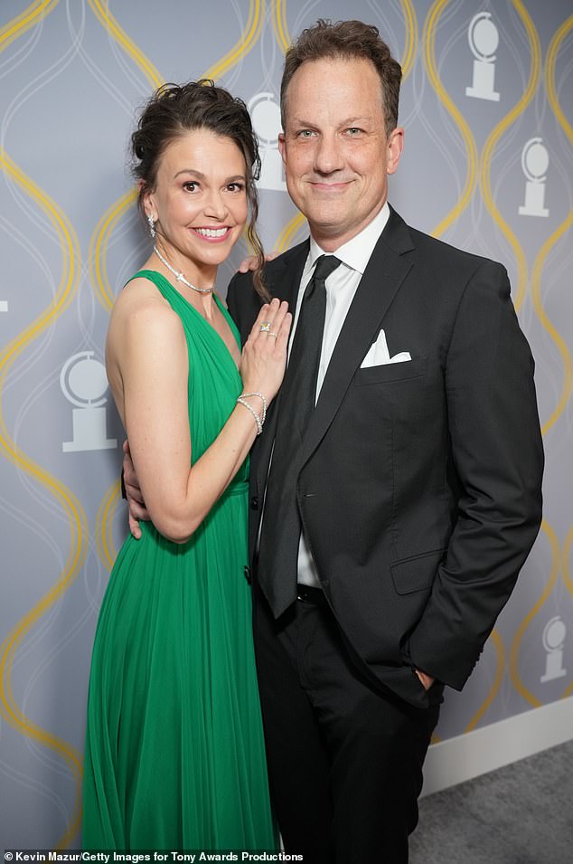 Meanwhile, Sutton filed for an uncontested divorce from her husband Ted Griffin (both pictured in June 2022 at the Tony Awards) in October last year.