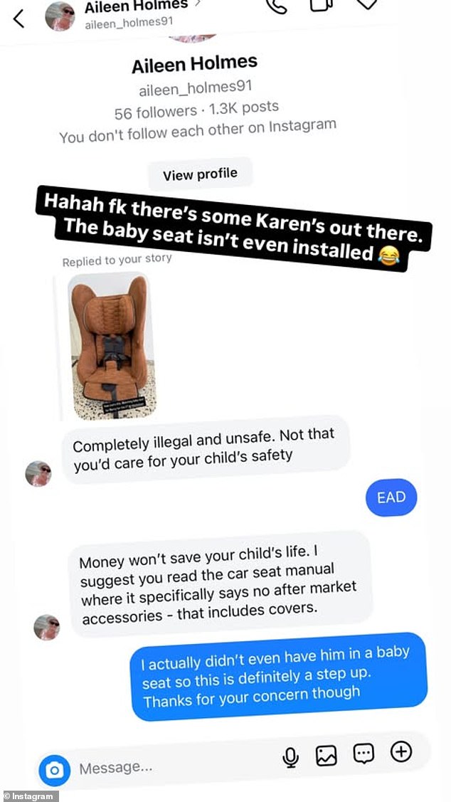 'Completely illegal and unsafe. Not that you would care about your child's safety,” the woman messaged Adrian, who promptly told her to “eat ad***.”