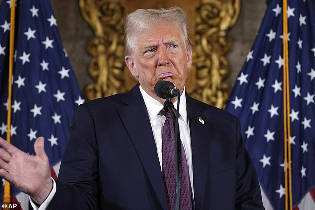 President-elect Donald Trump speaks during a press conference at Mar-a-Lago, Tuesday, January 7, 2025, in Palm Beach, Florida