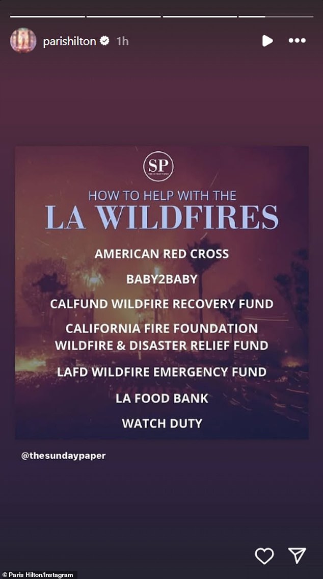 The reality star offered opportunities to help, with organizations like the American Red Cross, LA Food Bank and LAFD Wildfire Emergency Fund among the options