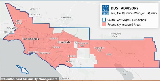 And a windblown dust advisory has been issued for nearly the entire South Coast Air Basin, home to more than 17 million people.