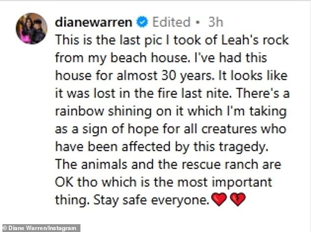 Diane wrote on Instagram: 'This is the last photo I took of Leah's rock from my beach house. I've had this house for almost 30 years. It looks like it was lost in the last fire [night]. There is a rainbow shining on it, which I consider a sign of hope for all beings affected by this tragedy.”