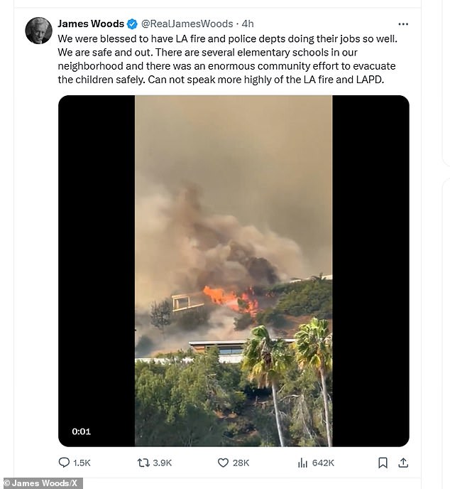 Other celebrities who lost homes to the destruction include James Woods (pictured), Anna Faris, Cary Elwes, Paris Hilton, Anthony Hopkins, John Goodman, Eugene Levy, Miles Teller, Billy Crystal and Adam Brody and Leighton Meester.