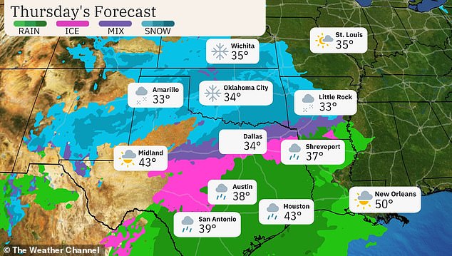 Driving could be dangerous Thursday in Oklahoma City, Tulsa, Dallas-Ft. Worth, Little Rock and the Texas Hill Country, The Weather Channel reported.