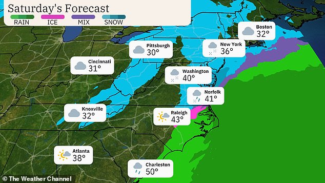 Heading into the weekend, the storm will move to the mid-Atlantic and Northeast, with pockets of snow near the East Coast and into the Appalachians early Saturday.