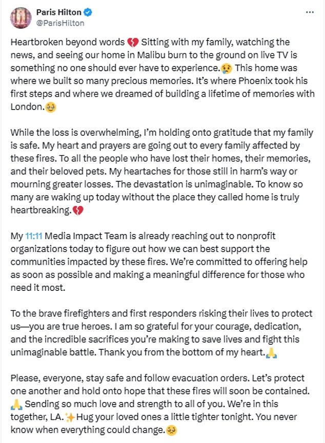 Hilton posted an emotional statement on social media on Wednesday amid the fires