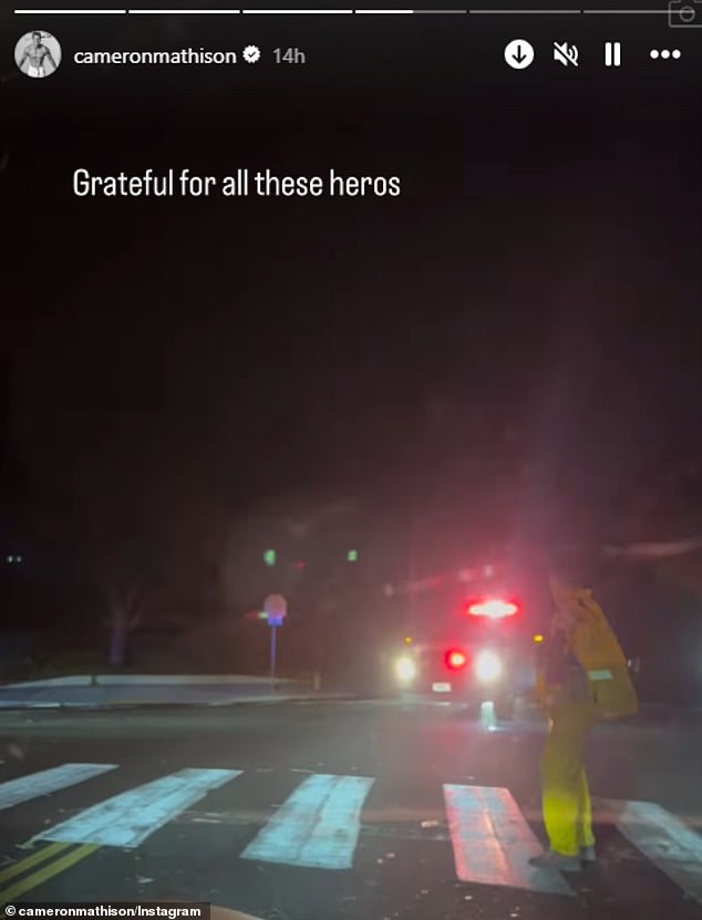 As he drove through the streets to find a safe area, he also called out to the firefighters who were escorting residents, adding: 'Grateful for all these heroes'