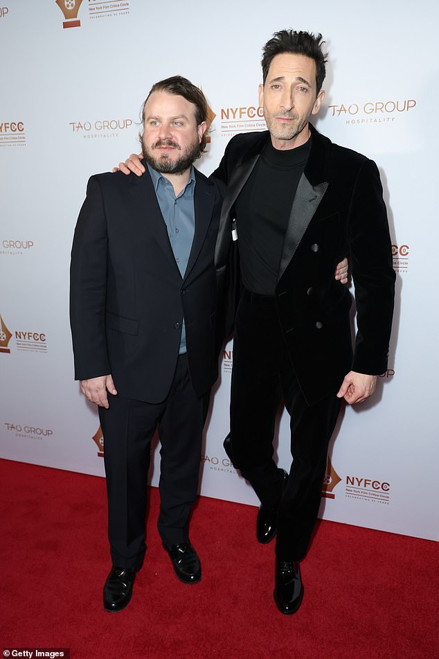 “I just want to thank and commend the courage of the first responders and their sacrifices, and their meaningful work that deserves our recognition tonight,” Brody said to thunderous applause from the entire audience; pictured with The Brutalist director Brady Corbet