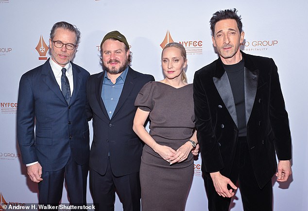 Brody also shared special praise for his brutalist co-star Guy Pearce (L). “I loved acting with you every day… Guy delivered such a complex and nuanced portrayal…” Brody gushed; Pictured on Thursday with (L¿R) Pearce, Corbet and co-screenwriter Mona Fastvold