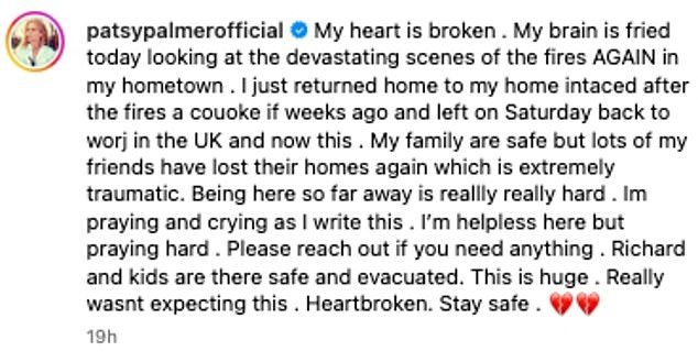 But it remains to be seen what the fate of her beautiful home will be as fires blaze in the area. She posted the above on Thursday while sharing her heartbreak amid the devastation