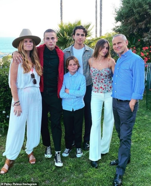 She shares three children, Fenton, 22, Emilia, 21, and Bertie, 12, with husband Richard and Charley Palmer Rothwell, 30 – her British-based son with former partner Alfie Rothwell (L-R: Patsy, sons Fenton and Bertie Merkell , Chazz Nittolo , daughter Emilia Merkell and husband Richard Merkell)