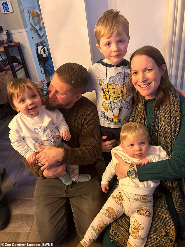 Only after a full body CT scan did doctors confirm she had a 5cm tumor in her bowel and the HR department head diagnosed her with stage four cancer. In the photo Zoe with husband Sam and children Leo, Izzy and Odin