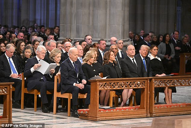 President Joe Biden, first lady Jill Biden, Vice President Kamala Harris and second gentleman Doug Emhoff sat in the front row at Jimmy Carter's funeral, in the second row sit Bill Clinton, Hillary Clinton, George W. Bush, Laura Bush, Barack Obama, Donald Trump and Melania Trump