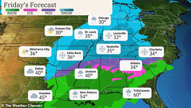 Winter precipitation should decrease in Texas and Oklahoma by Friday afternoon, but snow will spread further east into Kentucky, Tennessee, northern Mississippi, Alabama, Georgia, North Carolina and the state of South Carolina.