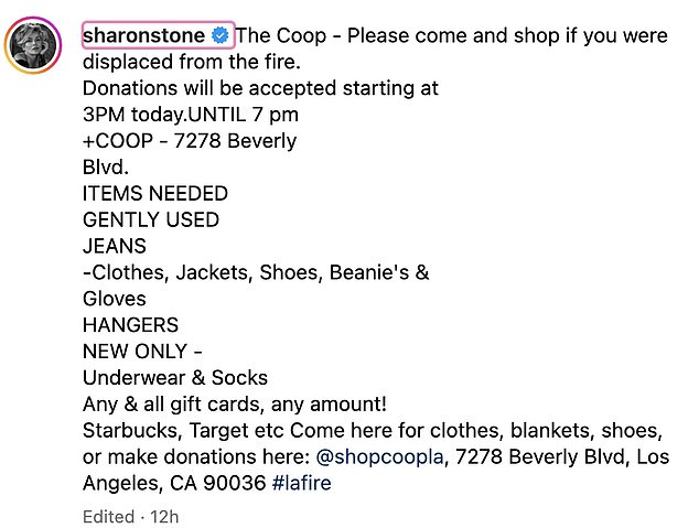 Sharon took a similar approach, using her social media to direct her 4 million followers to an LA-based outlet called COOP, which collects donations for fire victims.