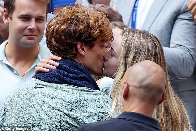 Sinner had a triumphant year on the court in 2024 (pictured kissing Kalinskaya after winning the US Open last September)