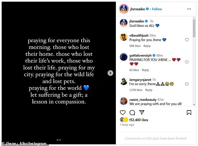 She started her Instagram post with the caption: “Praying for everyone this morning. those who lost their homes, those who lost their life's work, those who lost their lives. praying for my city. praying for wild life and lost pets. pray for the world [blue heart emoji]'